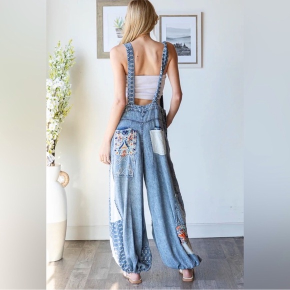 Oli & Hali Love Goddess Overalls | Patchwork Denim Wide-Leg Drawstring Jumpsuit - Picture 8 of 10